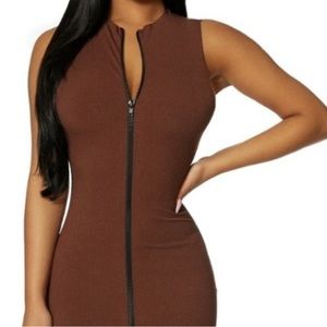 Naked Wardrobe All Snatched & Zipped Jumpsuit Ribbed Sleeveless Brown